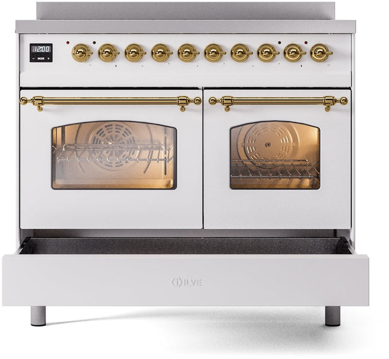 ILVE Nostalgie II 40" Induction Range with Element Stove and Electric Oven in White with Brass Trim, UPDI406NMPWHG