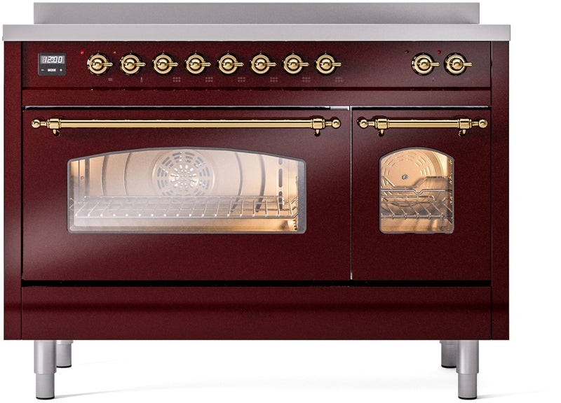 ILVE Nostalgie II 48" Induction Range with Element Stove and Electric Oven in Burgundy with Brass Trim, UPI486NMPBUG