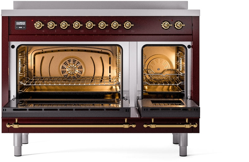 ILVE Nostalgie II 48" Induction Range with Element Stove and Electric Oven in Burgundy with Brass Trim, UPI486NMPBUG