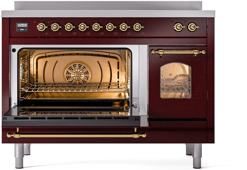 ILVE Nostalgie II 48" Induction Range with Element Stove and Electric Oven in Burgundy with Brass Trim, UPI486NMPBUG