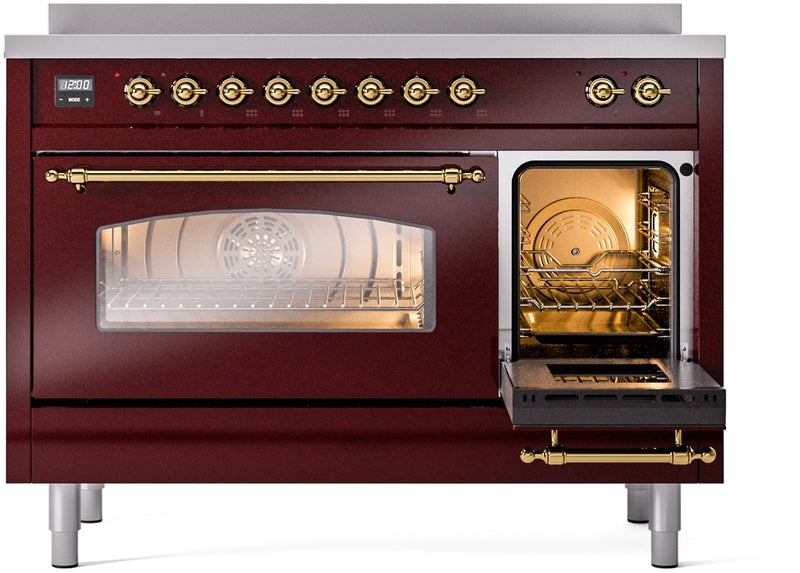 ILVE Nostalgie II 48" Induction Range with Element Stove and Electric Oven in Burgundy with Brass Trim, UPI486NMPBUG