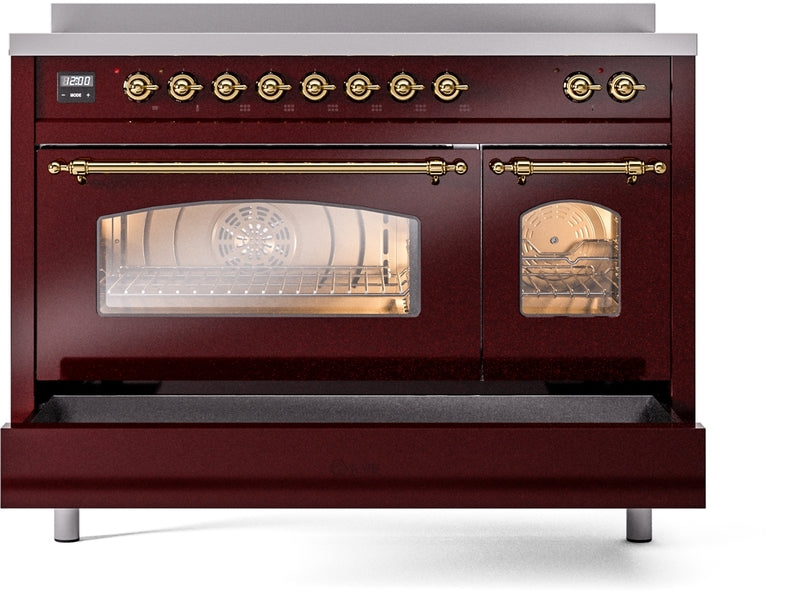 ILVE Nostalgie II 48" Induction Range with Element Stove and Electric Oven in Burgundy with Brass Trim, UPI486NMPBUG