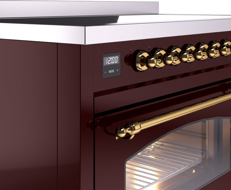 ILVE Nostalgie II 48" Induction Range with Element Stove and Electric Oven in Burgundy with Brass Trim, UPI486NMPBUG