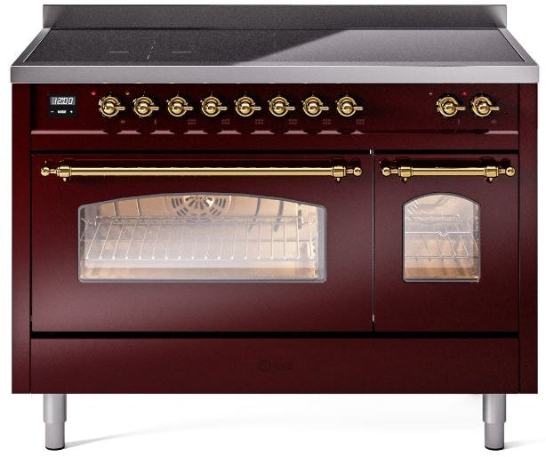 ILVE Nostalgie II 48" Induction Range with Element Stove and Electric Oven in Burgundy with Brass Trim, UPI486NMPBUG