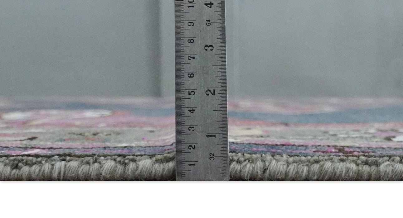 8.3x9.10 Hand Knotted Charcoal, Silver and Pink Traditional Heriz Wool Area Rug