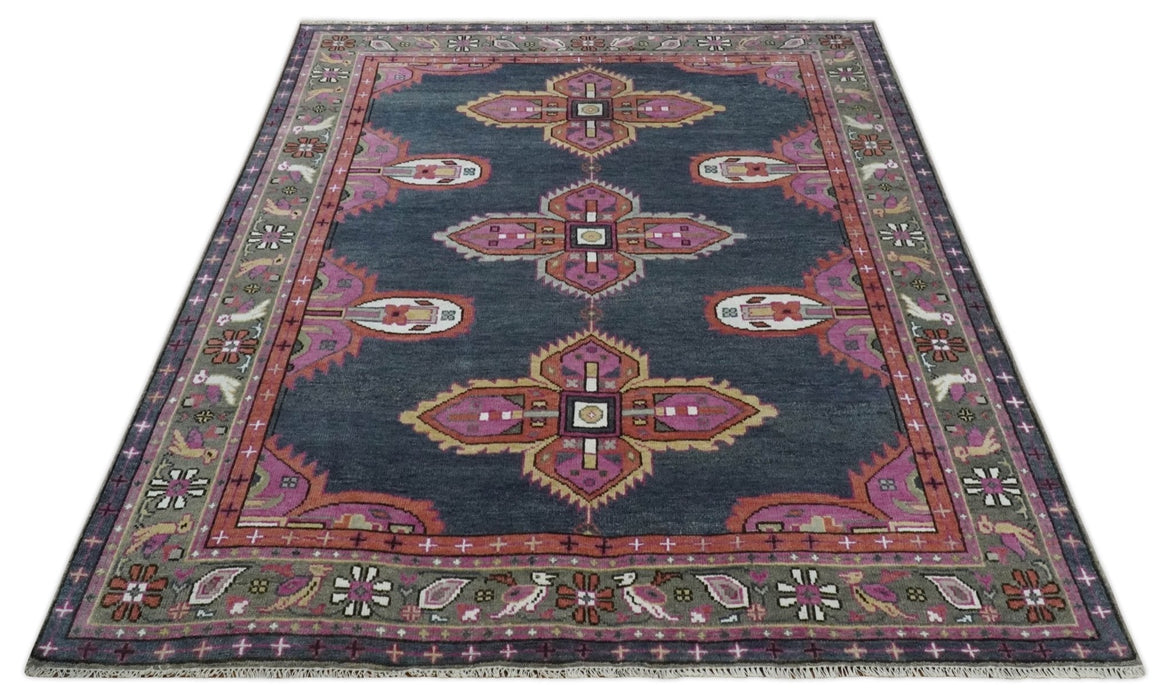 8.3x9.10 Hand Knotted Charcoal, Silver and Pink Traditional Heriz Wool Area Rug