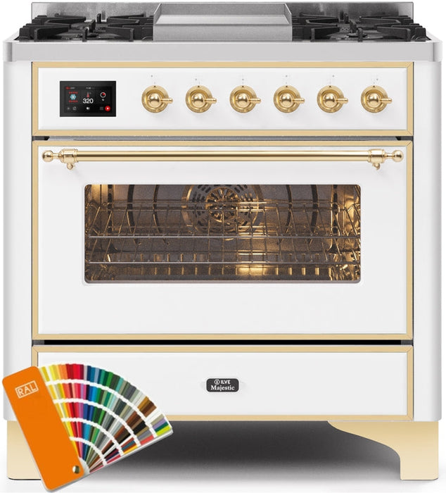 ILVE Majestic II 36" Dual Fuel Natural Gas Range in RAL Custom Color with Brass Trim, UM09FDNS3RAG