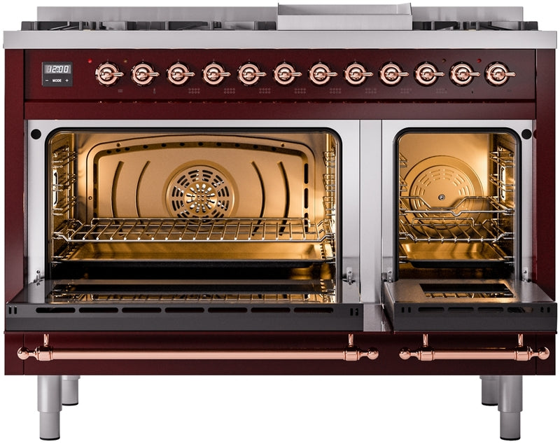 ILVE Nostalgie II 48" Dual Fuel Natural Gas Range in Burgundy with Copper Trim, UP48FNMPBUP