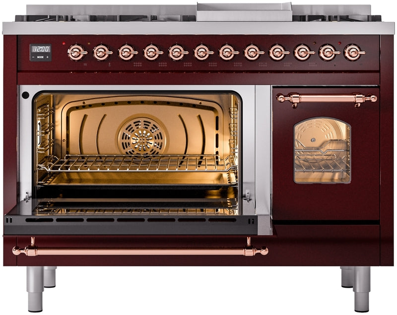 ILVE Nostalgie II 48" Dual Fuel Natural Gas Range in Burgundy with Copper Trim, UP48FNMPBUP