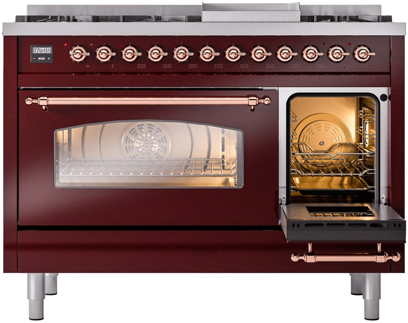 ILVE Nostalgie II 48" Dual Fuel Natural Gas Range in Burgundy with Copper Trim, UP48FNMPBUP