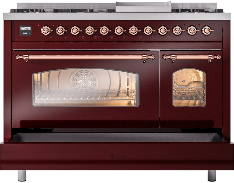 ILVE Nostalgie II 48" Dual Fuel Natural Gas Range in Burgundy with Copper Trim, UP48FNMPBUP