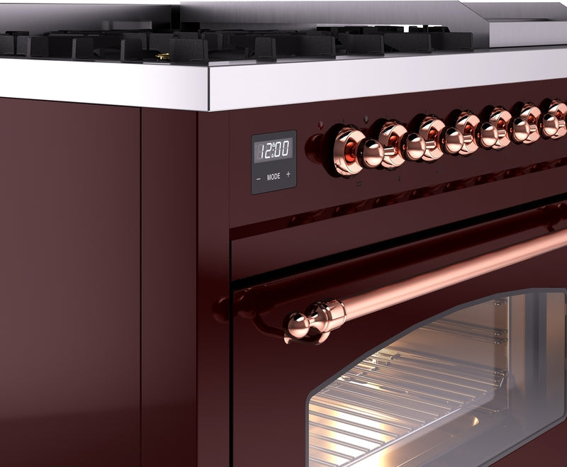 ILVE Nostalgie II 48" Dual Fuel Natural Gas Range in Burgundy with Copper Trim, UP48FNMPBUP