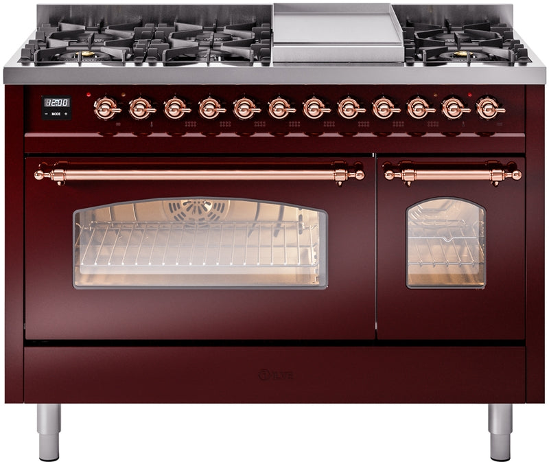 ILVE Nostalgie II 48" Dual Fuel Natural Gas Range in Burgundy with Copper Trim, UP48FNMPBUP