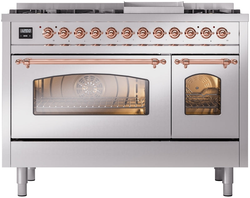 ILVE Nostalgie II 48" Dual Fuel Natural Gas Range in Stainless Steel with Copper Trim, UP48FNMPSSP