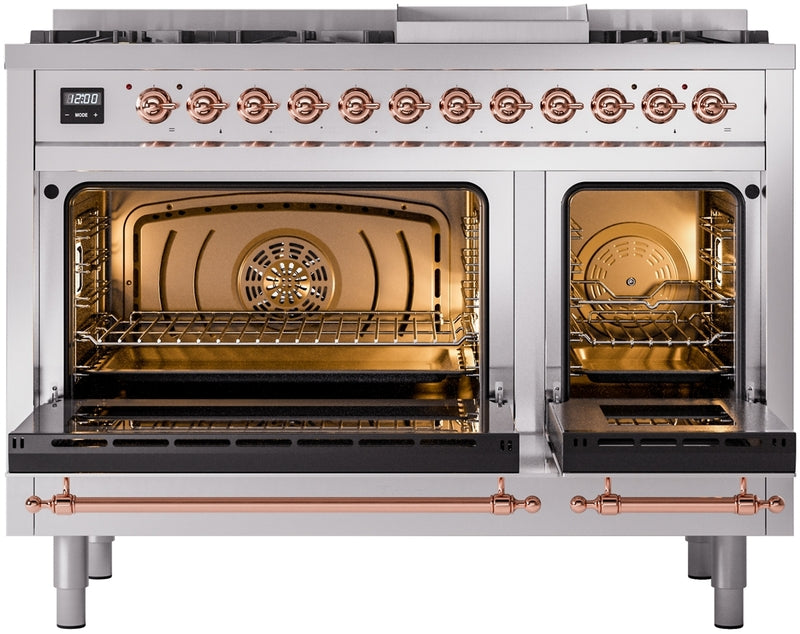 ILVE Nostalgie II 48" Dual Fuel Natural Gas Range in Stainless Steel with Copper Trim, UP48FNMPSSP