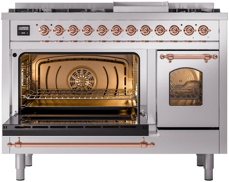 ILVE Nostalgie II 48" Dual Fuel Natural Gas Range in Stainless Steel with Copper Trim, UP48FNMPSSP