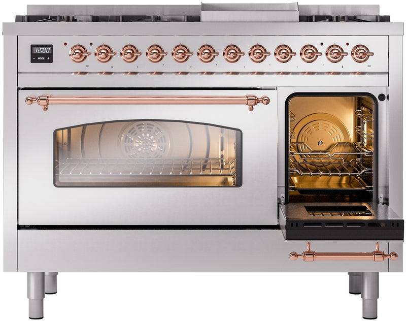 ILVE Nostalgie II 48" Dual Fuel Natural Gas Range in Stainless Steel with Copper Trim, UP48FNMPSSP