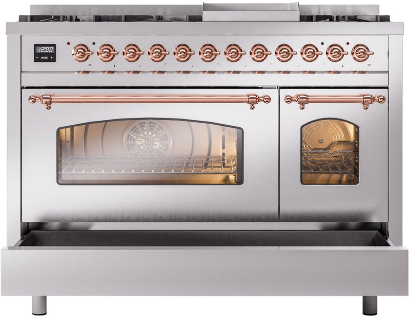 ILVE Nostalgie II 48" Dual Fuel Natural Gas Range in Stainless Steel with Copper Trim, UP48FNMPSSP