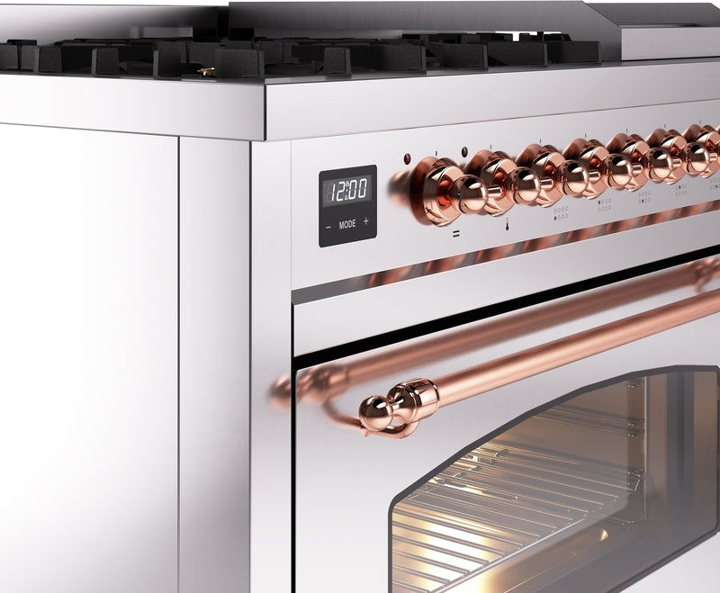 ILVE Nostalgie II 48" Dual Fuel Natural Gas Range in Stainless Steel with Copper Trim, UP48FNMPSSP