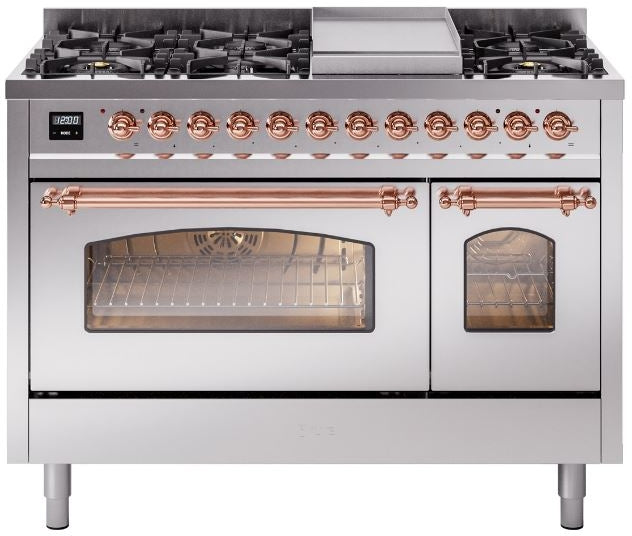 ILVE Nostalgie II 48" Dual Fuel Natural Gas Range in Stainless Steel with Copper Trim, UP48FNMPSSP