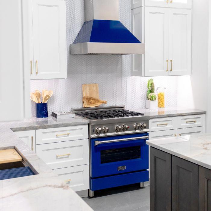 ZLINE 30" Professional Gas Range in DuraSnow® with Blue Gloss Door & 30" Range Hood Appliance Package, 2KP-RGSBGRH30