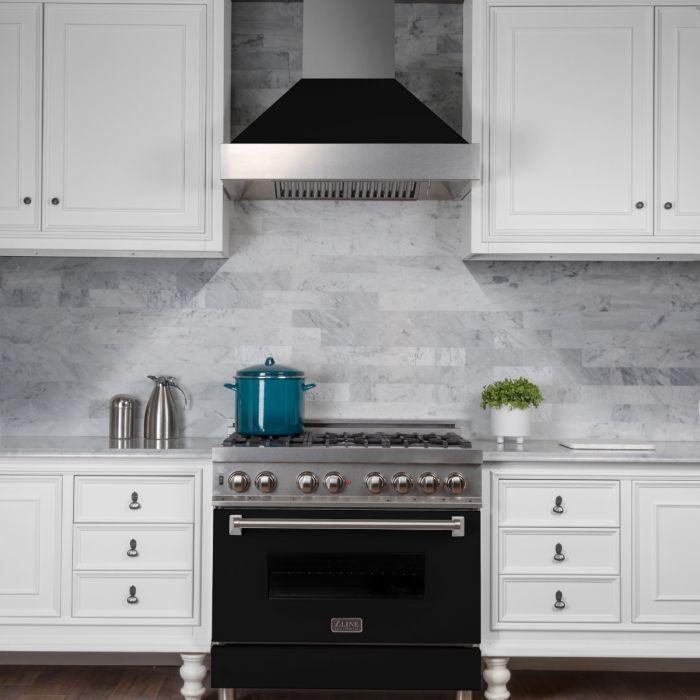 ZLINE 30" Professional Gas Range in DuraSnow® with Black Matte Door & 30" Range Hood Appliance Package, 2KP-RGSBLMRH30