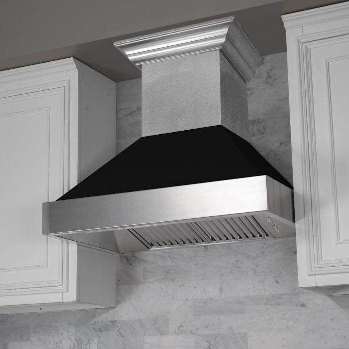 ZLINE 36" Dual Fuel Range in DuraSnow® with Black Matte Door & 36" Range Hood Appliance Package, 2KP-RASBLMRH36