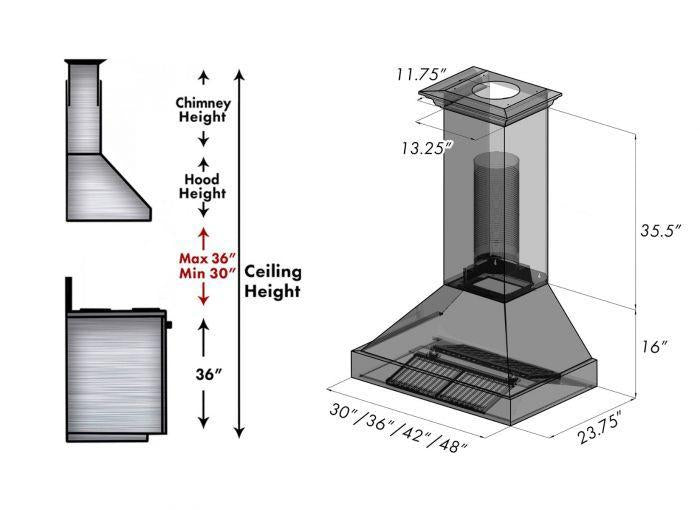 ZLINE 36 in. Ducted DuraSnow® Stainless Steel Range Hood with Black Matte Shell, 8654BLM-36