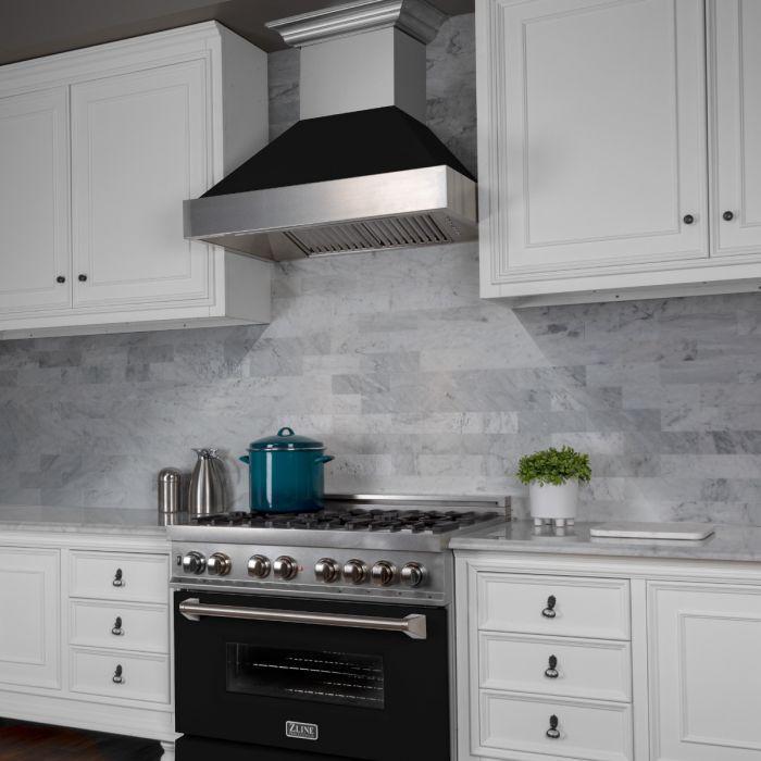 ZLINE 36" Professional Gas Range in DuraSnow® with Black Matte Door & 36" Range Hood Appliance Package, 2KP-RGSBLMRH36