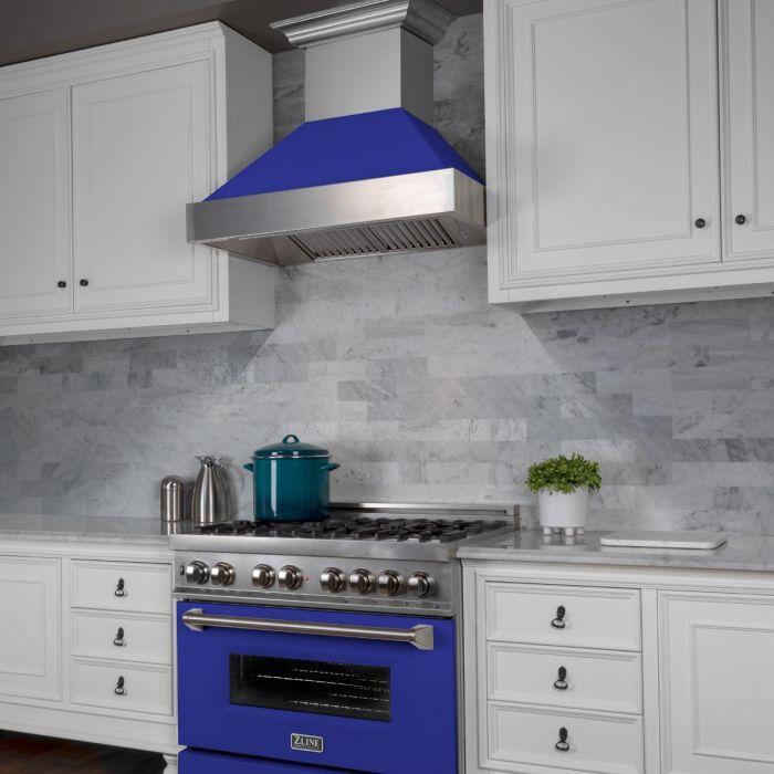 ZLINE 30" Professional Gas Range in DuraSnow® with Blue Matte Door & 30" Range Hood Appliance Package, 2KP-RGSBMRH30