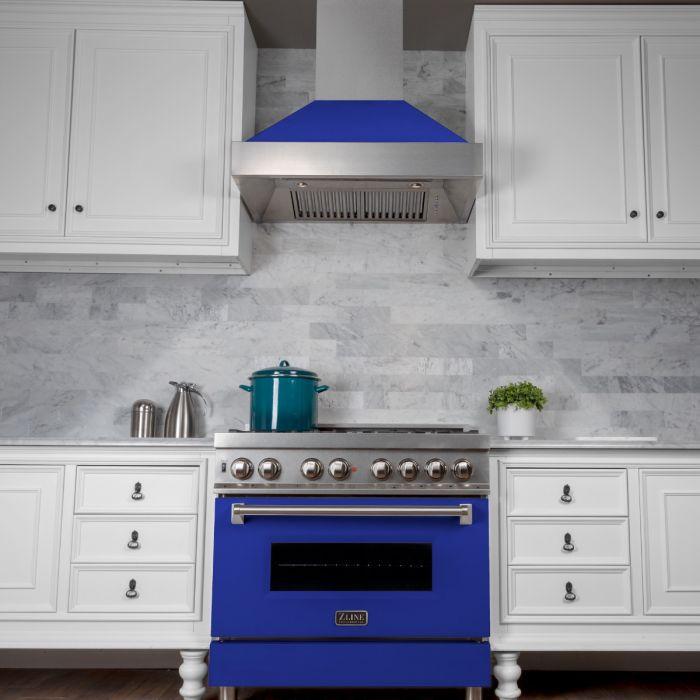 ZLINE 36 in. Ducted DuraSnow® Stainless Steel Range Hood with Blue Matte Shell, 8654BM-36