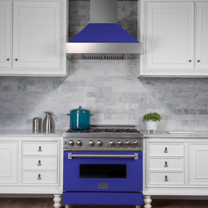 ZLINE 36" Professional Gas Range in DuraSnow® with Blue Matte Door & 36" Range Hood Appliance Package, 2KP-RGSBMRH36