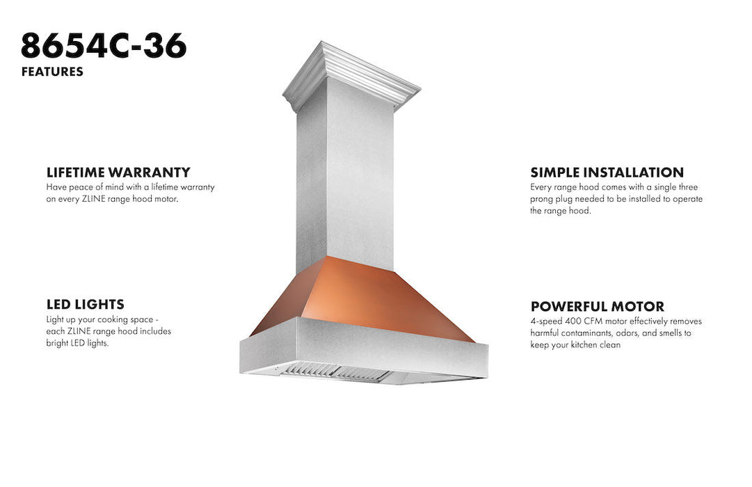 ZLINE Ducted Fingerprint Resistant Stainless Steel Range Hood with Copper Shell (8654C)