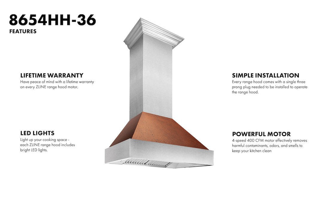 ZLINE Ducted Fingerprint Resistant Stainless Steel Range Hood with Hand-Hammered Copper Shell (8654HH)