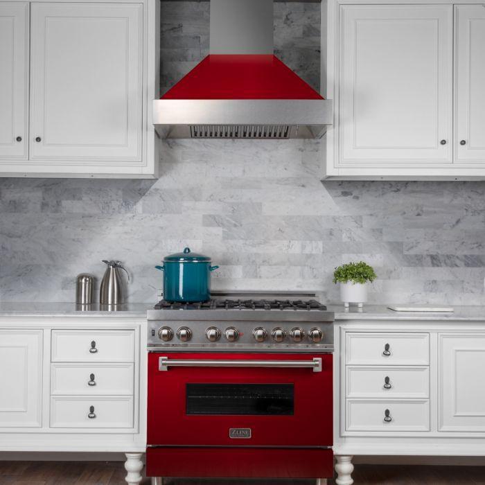 ZLINE 36 in. Ducted DuraSnow® Stainless Steel Range Hood with Red Gloss Shell, 8654RG-36