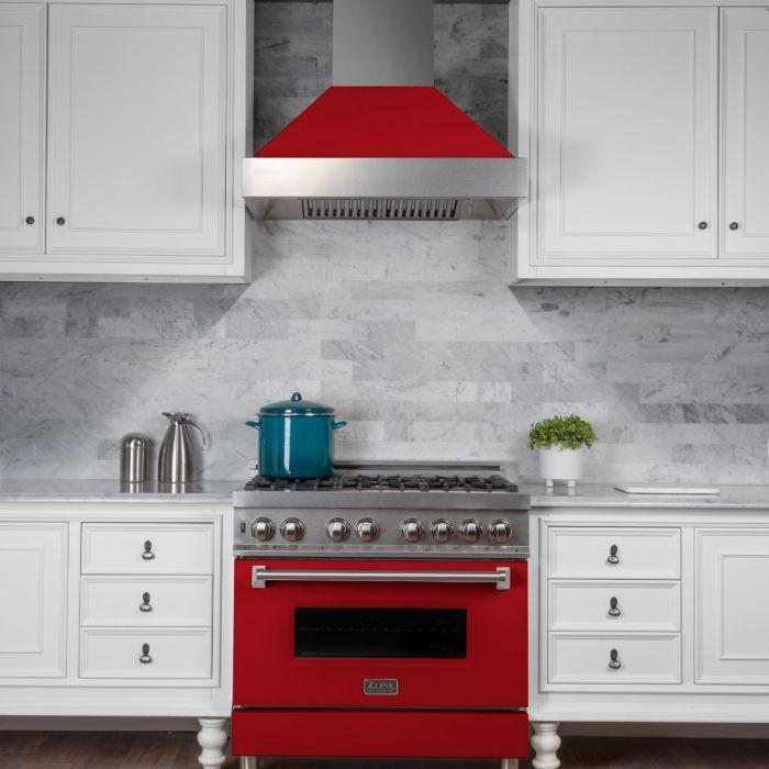 ZLINE 36" Professional Gas Range in DuraSnow® with Red Matte Door & 36" Range Hood Appliance Package, 2KP-RGSRMRH36