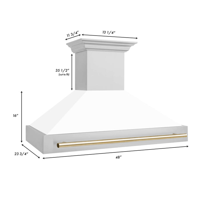 ZLINE Autograph Edition 48 in. Kitchen Package with Stainless Steel Dual Fuel Range with White Matte Door, Range Hood and Dishwasher with Polished Gold Accents (3AKP-RAWMRHDWM48-G)