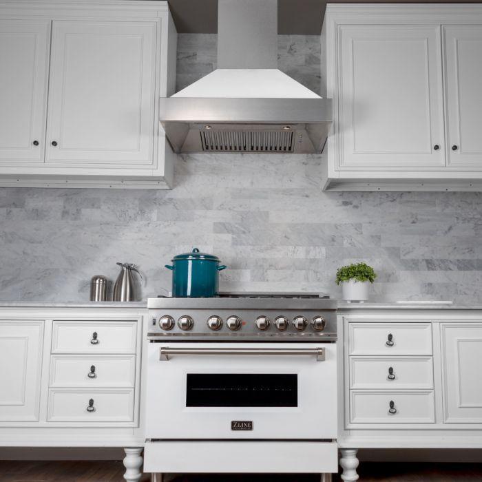 ZLINE 30" Professional Gas Range in DuraSnow® with White Matte Door & 30" Range Hood Appliance Package, 2KP-RGSWMRH30