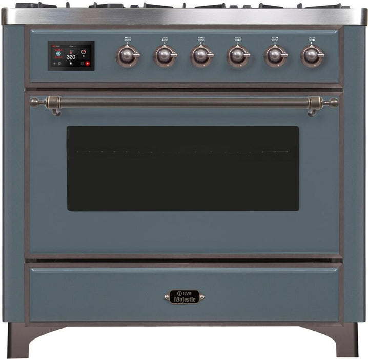 ILVE Majestic II 36" Dual Fuel Natural Gas Range in Blue Grey with Bronze Trim, UM09FDNS3BGB