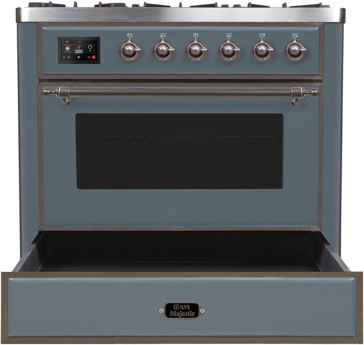 ILVE Majestic II 36" Dual Fuel Natural Gas Range in Blue Grey with Bronze Trim, UM09FDNS3BGB