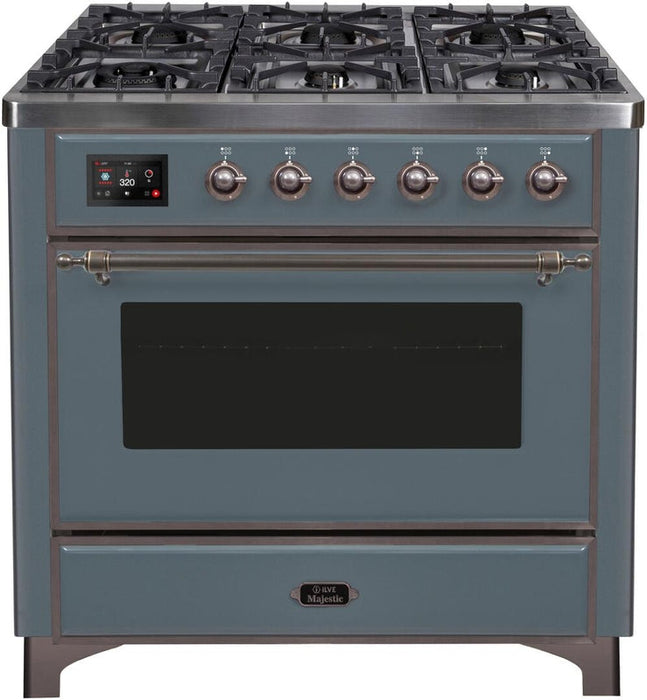 ILVE Majestic II 36" Dual Fuel Natural Gas Range in Blue Grey with Bronze Trim, UM09FDNS3BGB