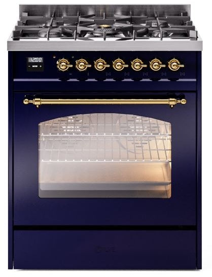 ILVE Nostalgie II 30" Dual Fuel Natural Gas Range in Blue with Brass Trim, UP30NMPMBG