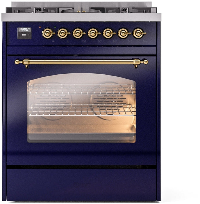 ILVE Nostalgie II 30" Dual Fuel Natural Gas Range in Blue with Brass Trim, UP30NMPMBG