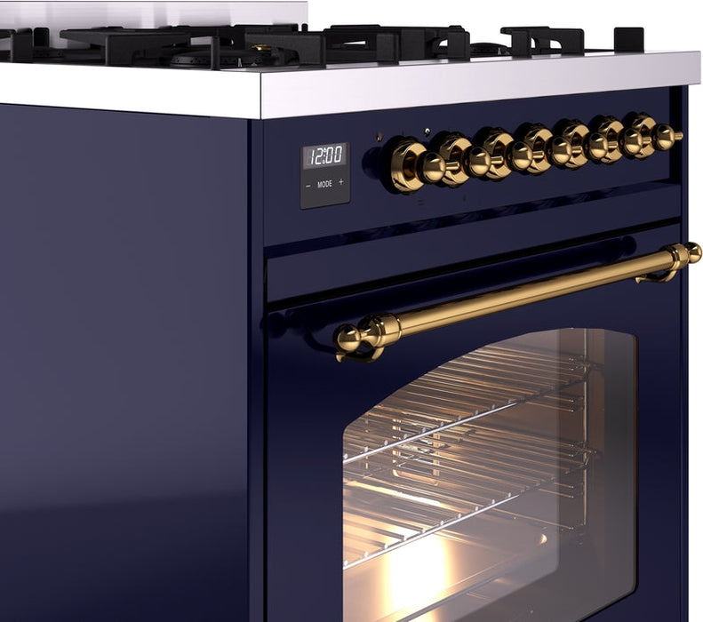 ILVE Nostalgie II 30" Dual Fuel Natural Gas Range in Blue with Brass Trim, UP30NMPMBG