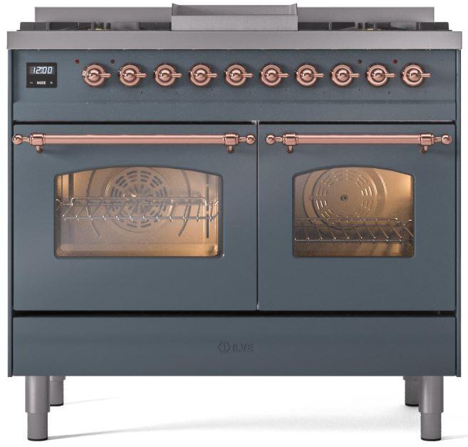 ILVE Nostalgie II 40" Dual Fuel Propane Gas Range in Blue Grey with Copper Trim, UPD40FNMPBGPLP