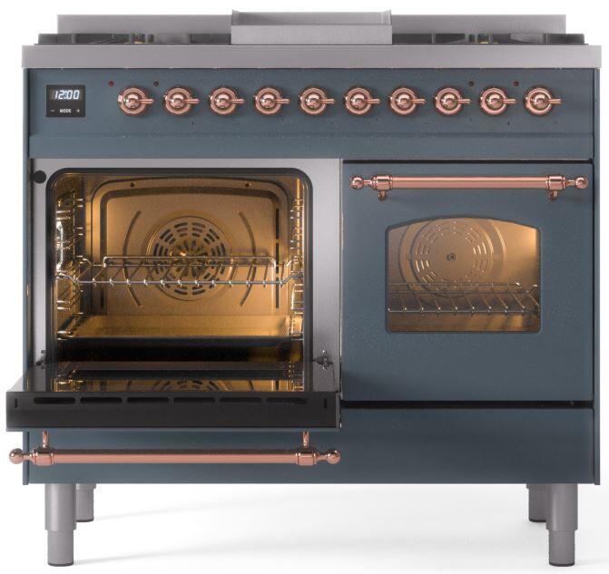 ILVE Nostalgie II 40" Dual Fuel Propane Gas Range in Blue Grey with Copper Trim, UPD40FNMPBGPLP