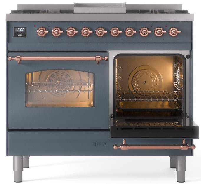 ILVE Nostalgie II 40" Dual Fuel Propane Gas Range in Blue Grey with Copper Trim, UPD40FNMPBGPLP