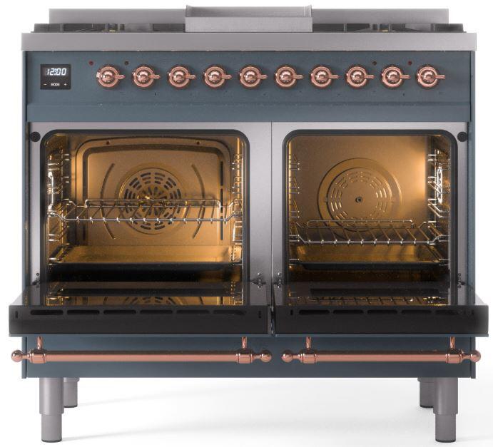 ILVE Nostalgie II 40" Dual Fuel Propane Gas Range in Blue Grey with Copper Trim, UPD40FNMPBGPLP