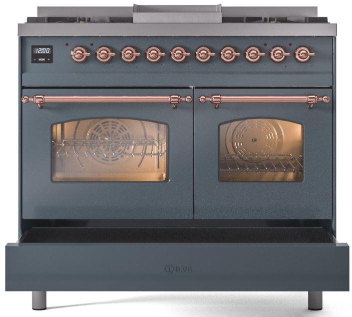 ILVE Nostalgie II 40" Dual Fuel Propane Gas Range in Blue Grey with Copper Trim, UPD40FNMPBGPLP