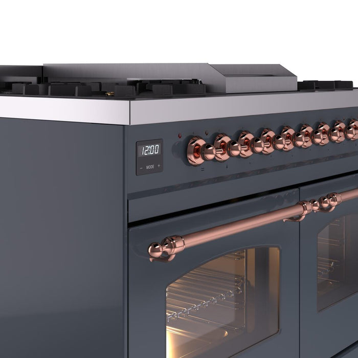 ILVE Nostalgie II 40" Dual Fuel Propane Gas Range in Blue Grey with Copper Trim, UPD40FNMPBGPLP